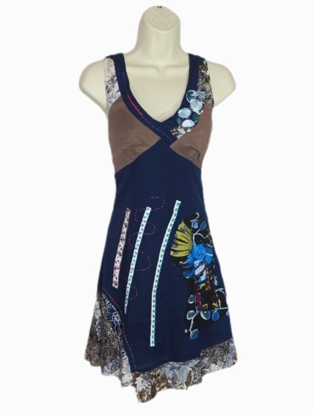 Toi Et Moi Dress Floral Embroidered Sleeveless Boho Patchwork Blue Size S